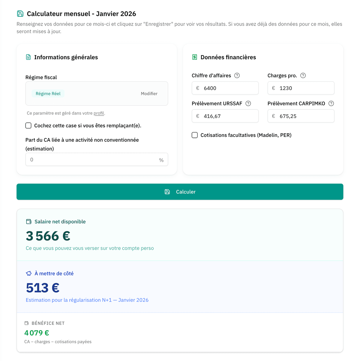 Calculateur Docaly - détail des cotisations