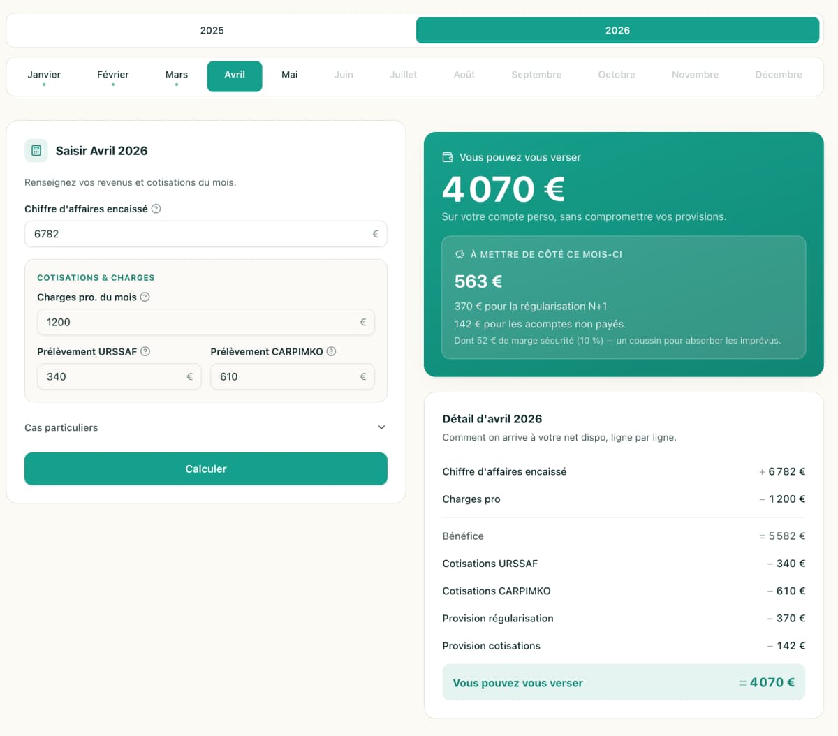 Calculateur Docaly - détail des cotisations